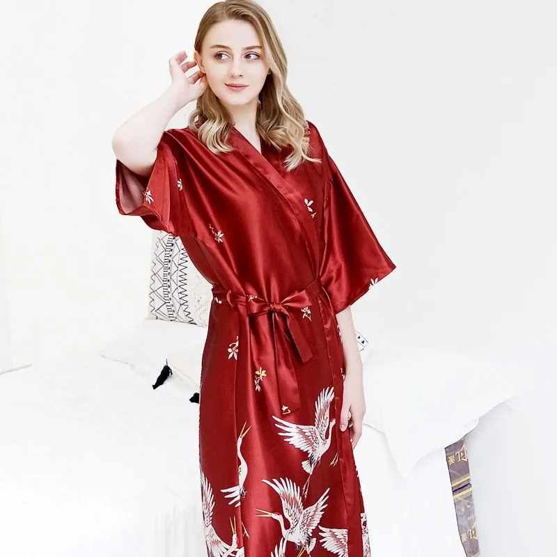 Японский Стиль Длинные свободные атласная Павлин Женская юката платье пижамы
