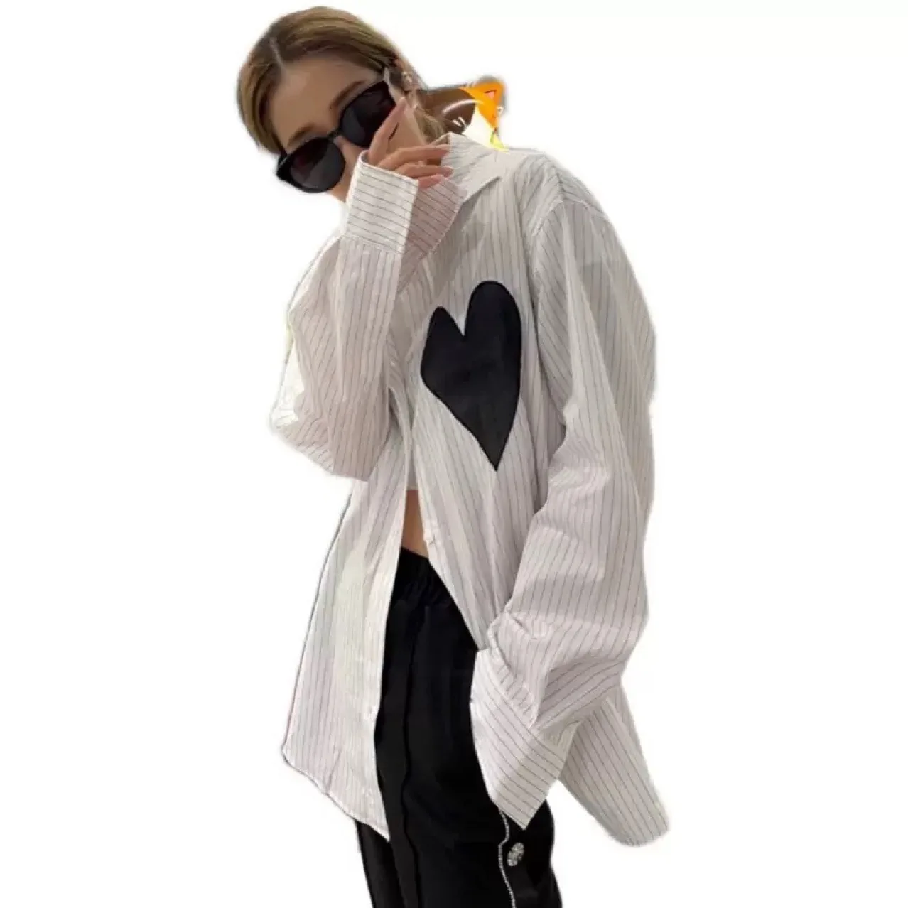 

Casual Loose Long Sleeve Striped Shirt for Woman with Heart Shape for Autumn Speing Designer Luxury Female Clothing Streetwear