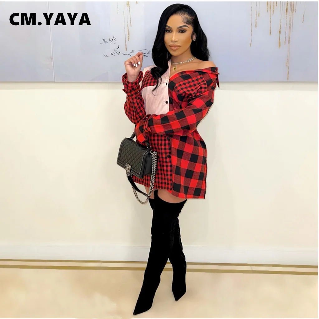 

CM.YAYA Women Plaid Patchwork Long Sleeve Single Breasted Shirt Style Dress