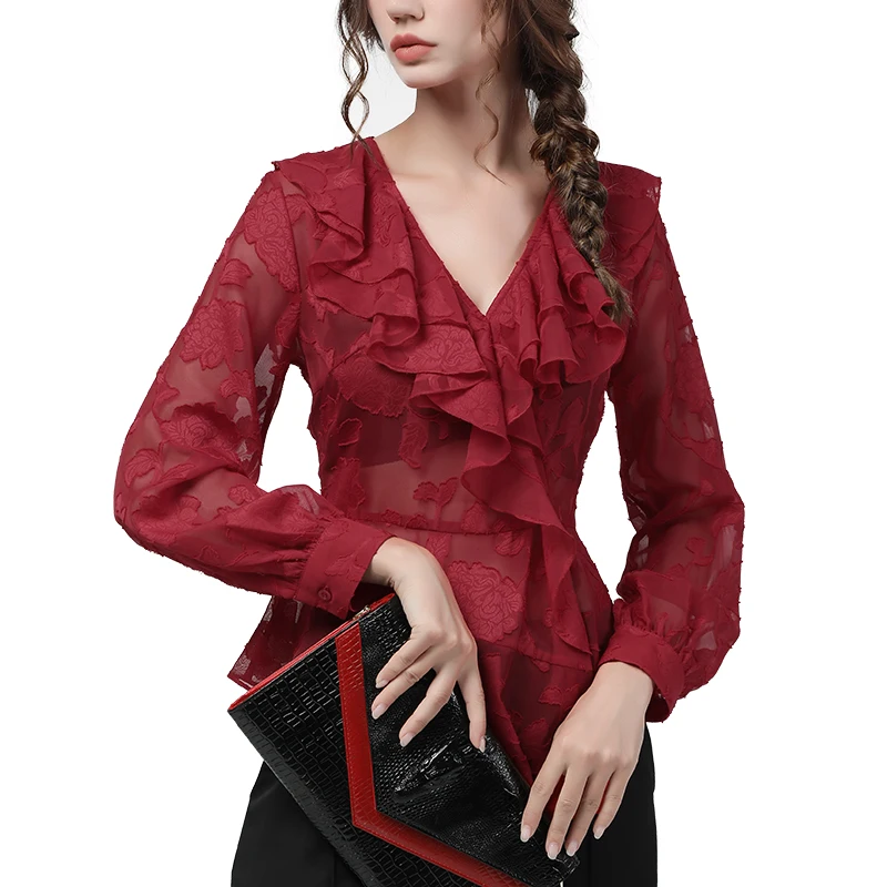 

Elegant Ruffles Top Women Cut Floral Chiffon Blouse See Though Long Sleeve Thin Female New 2020 Autumn Tops With Bra Plus Size