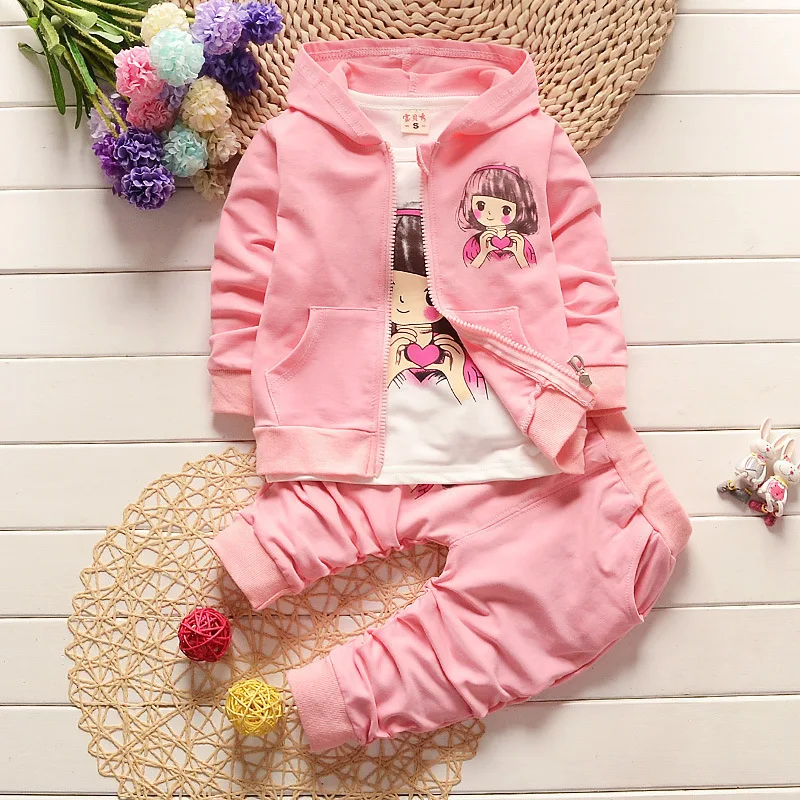 

New Spring Autumn Children Clothes Suit Baby Girl Cartoon Hooded T Shirt Pants 3Pcs/Set Toddler Fashion Clothing Kids Tracksuits