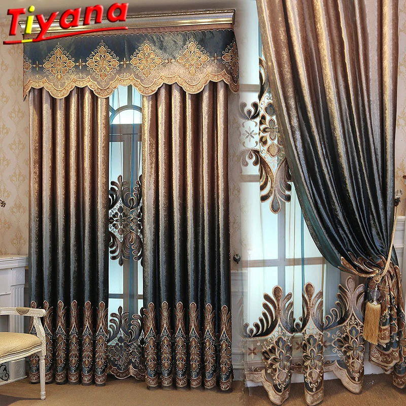 

TIYANA Luxury Coffee /Blue Gradient Korean Velvet Embroidery Curtains for Living Room Modern European Blackout Window Drapes #VT