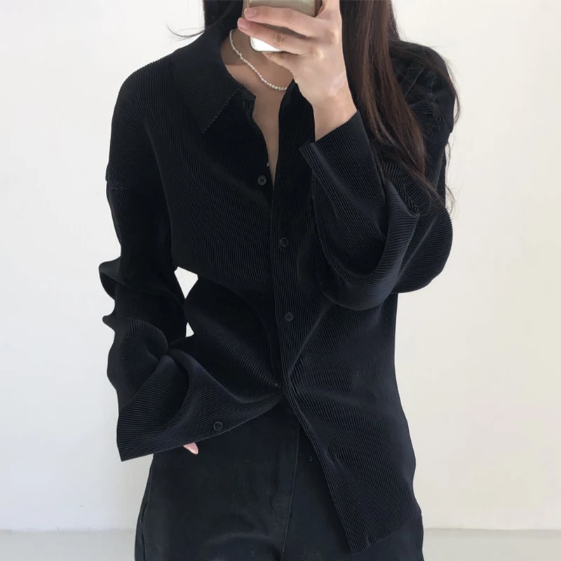 

ZCSMLL Korean Chic Minimalist Lapel Single-breasted Pleated Design Loose Long-sleeved Solid Color Pleated Shirt 2021