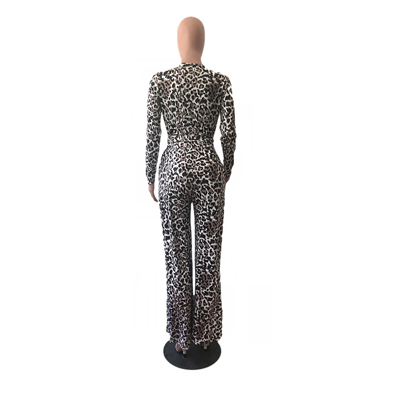 

Sexy Print Leopard Jumpsuit Deep V-neck Thicken Bandage Long Wide Pants Autumn Rompers Womens Jumpsuit Overalls