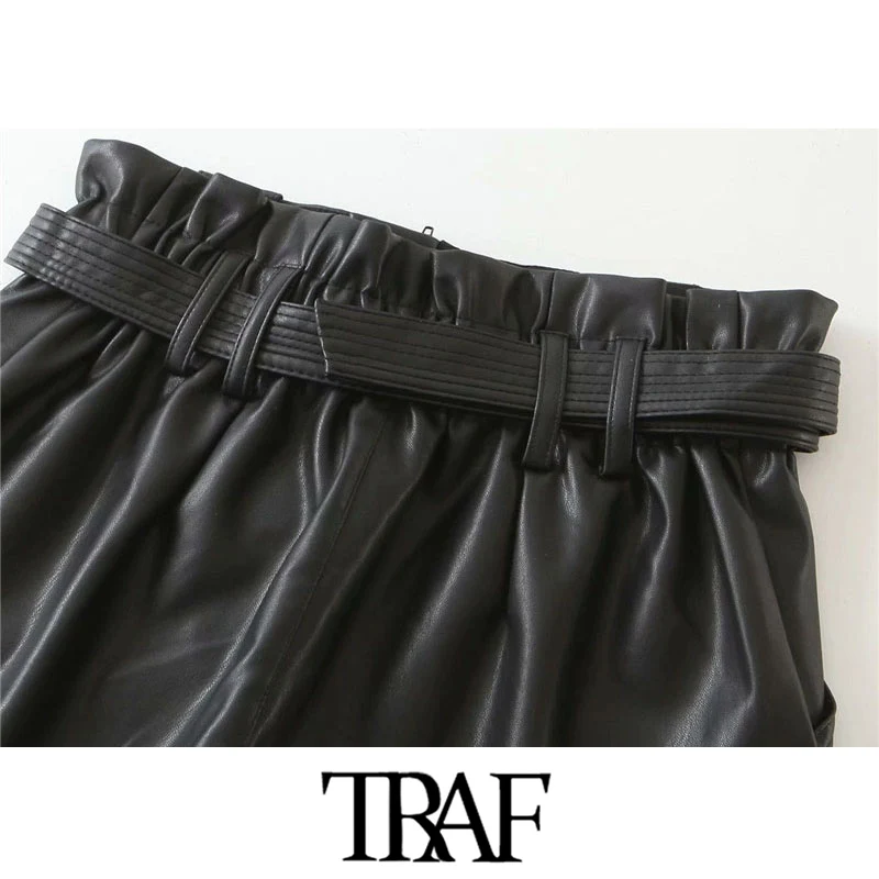 

Women Chic Fashion With Belt Faux Leather Shorts High Waist Zipper Fly Pockets Female Short Pants Mujer 2021 New