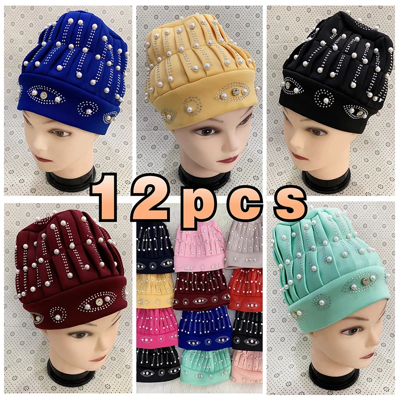 

Wholesale 6/12pcs Newest Elegant Turban Hats Women Cap Beaded For India Hat Scarfs Head Wrap Headband Girl Hair Accessories Lady