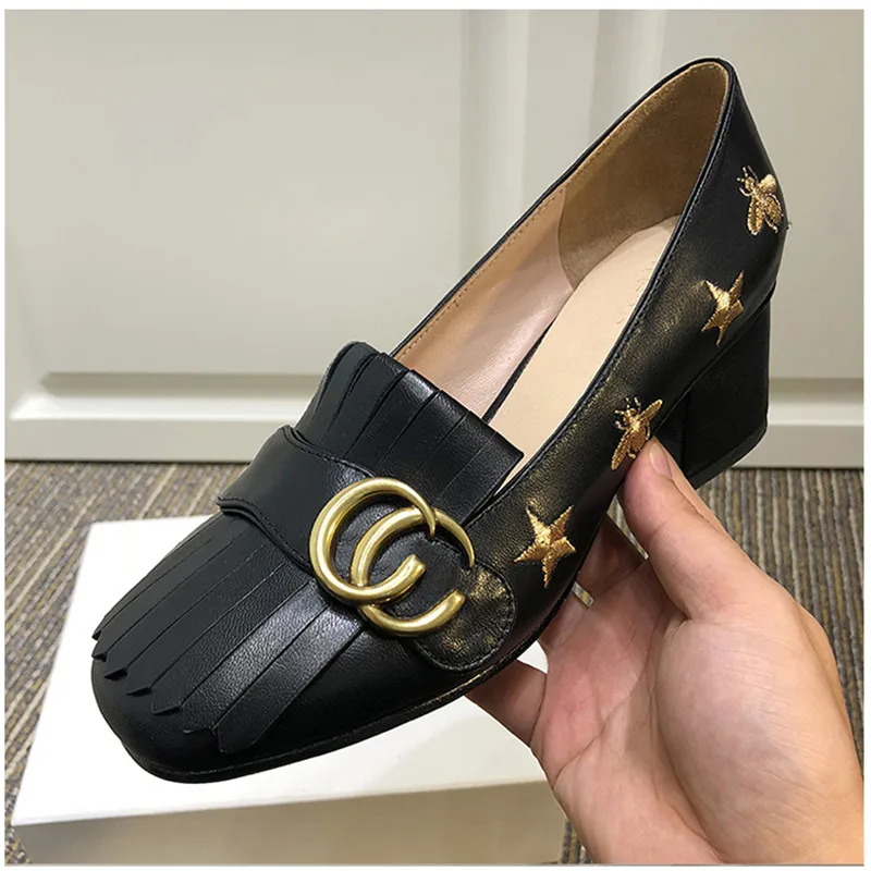 

Retro Crude Heel Round Toe Tassel Shoes Women Fashion Loafers 5CM Mid Heel Shoes Black Dress Shoe Ladies High Heels Women Pumps