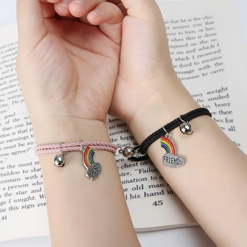

2Pcs/Set Magnet Attract Couple Bracelets Rainbow Bell Pendant Friendship Jewelry Adjustable Braided Rope Bangle for Women Men