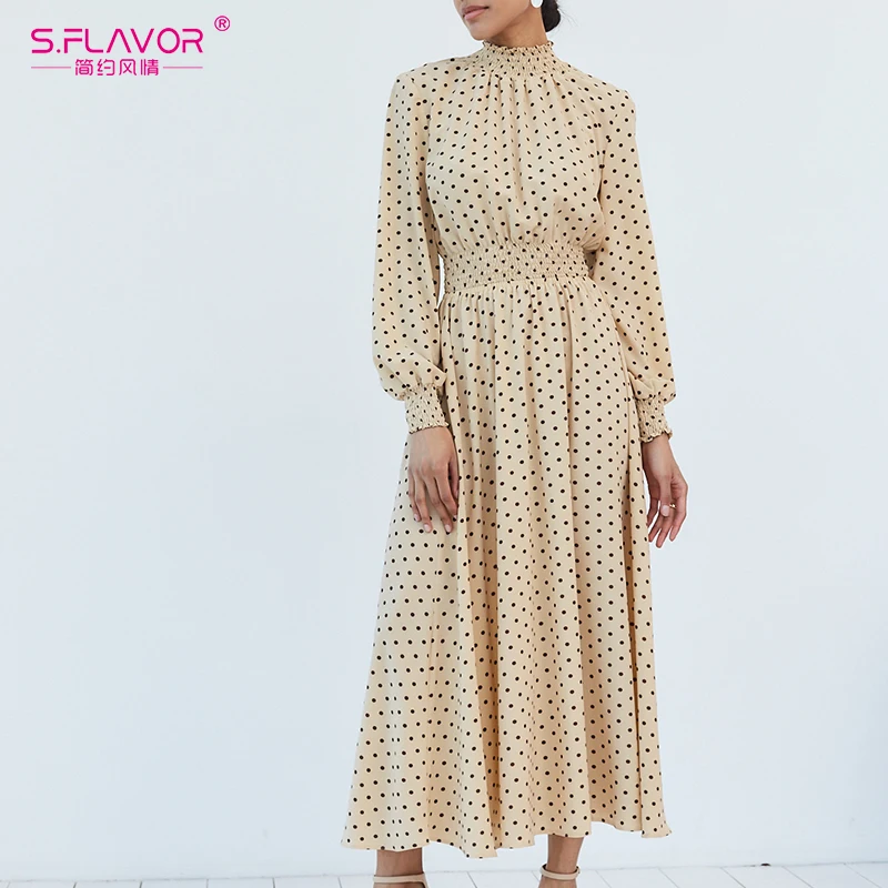 Женское длинное платье в горошек S.FLAVOR элегантное винтажное с эластичным поясом и