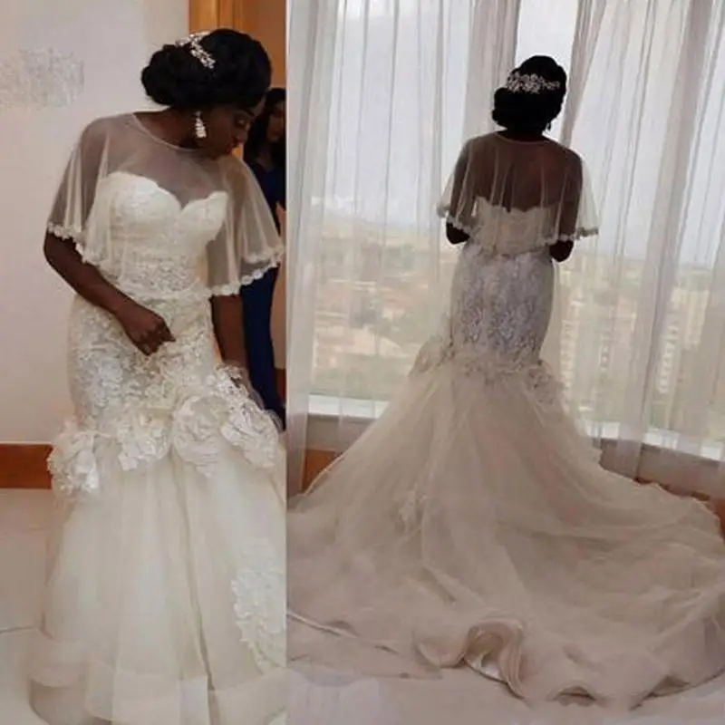 

New Arrival Long Lace Wedding Dresses African Mermaid Tulle Garden Bride Custom Made Bridal Gowns Vestido De noiva