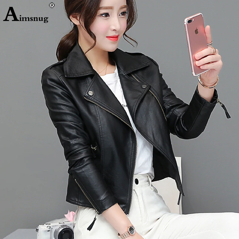 Women Cute Faux Pu Leather Jacket Girls Black Pink 2020 Spring Outerwear Pockets Zipper Office Lady Coat Slim Biker Jackets