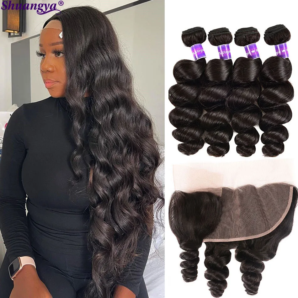 

Peruvian Loose Wave Bundles With Frontal Transparent Lace Closure With Bundles Shuangya Hair 100% Remy Human Hair Natural Black