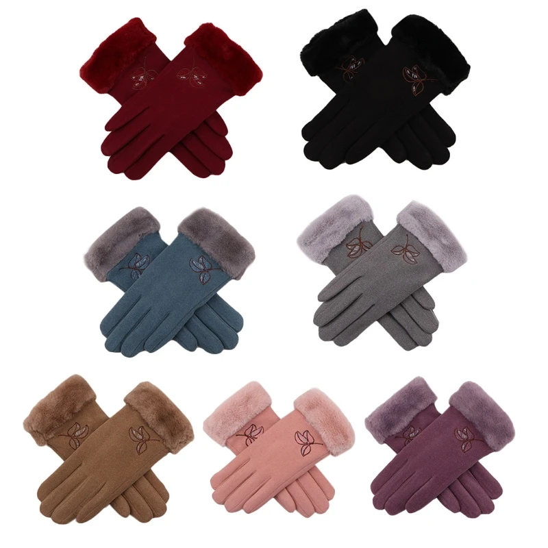 

Women Winter Outdoor Driving Touch Screen Gloves Leaves Embroidery Thick Plush Lined Thermal Stretch Mittens Hand Warmer