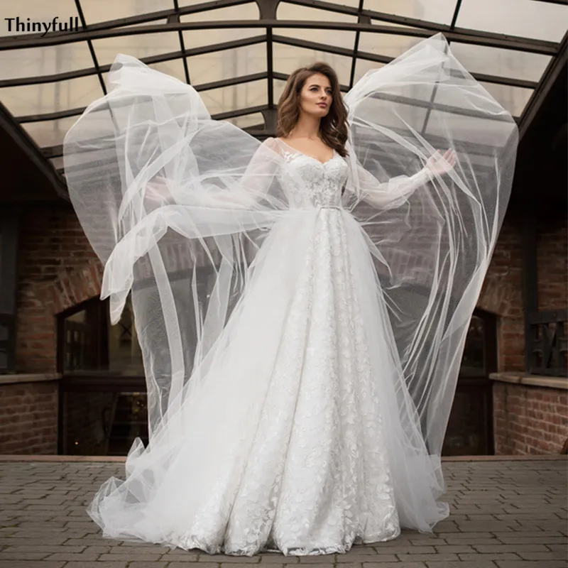 

Thinyfull Boho Wedding Dresses With Detachable Skirt Lace Appliques Beach Wedding Party Gowns With Full Puffy Sleeves Vestidos