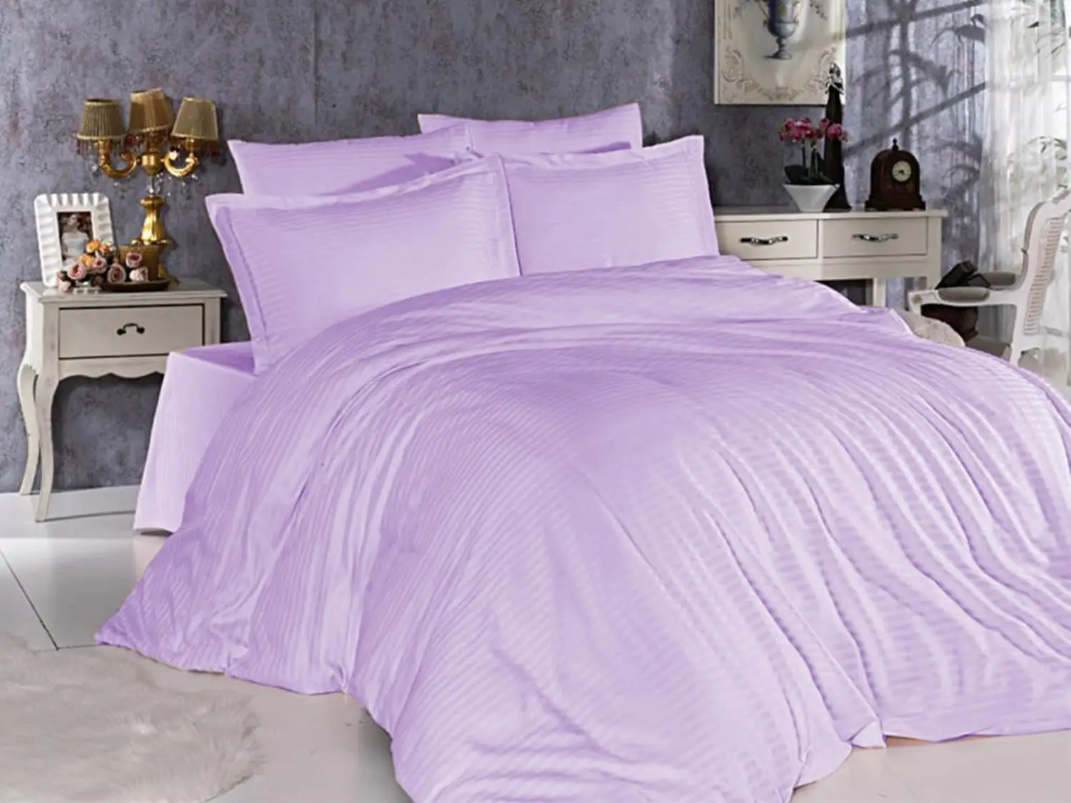 

Land Of dowry Stripe Lilac Cotton Satin Duvet cover set Double Personality