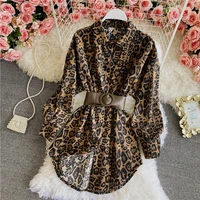 2021 spring and autumn new style korean fashion corduroy leopard shirt skirt long sleeve mid length waist shirt female jacket
