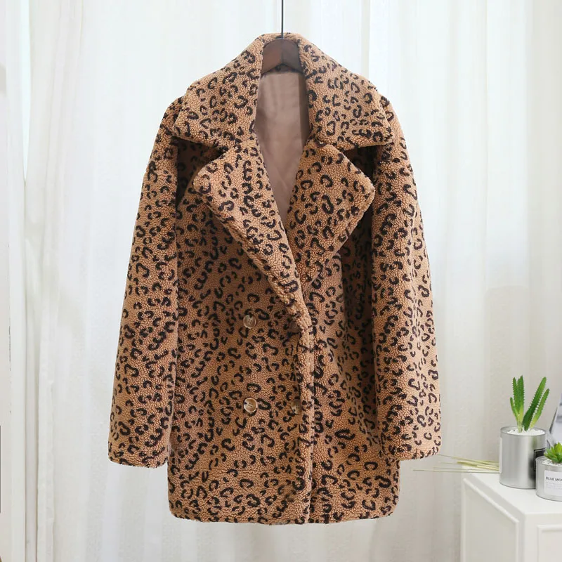 camel leopard Негабаритный верблюжий искусственный мех плюшевый медведь куртка пальто для женщин Зимняя мода уличный стиль теплое пальто Верхняя одежда Пальто из овечьей шерсти - Цвет: camel leopard