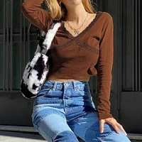 lace hem brown y2k tee knitwear t shirts women long sleeve patched crop tops v neck harajuku tshirt women casual autumn 90s tops