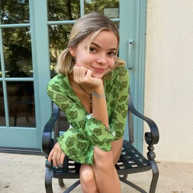 Harajuku Floral Print Green T-shirt Y2K Aesthetics Mesh Buttons Flare Sleeve Crop Tops 90s Women Vintage Clothes Summer Tee