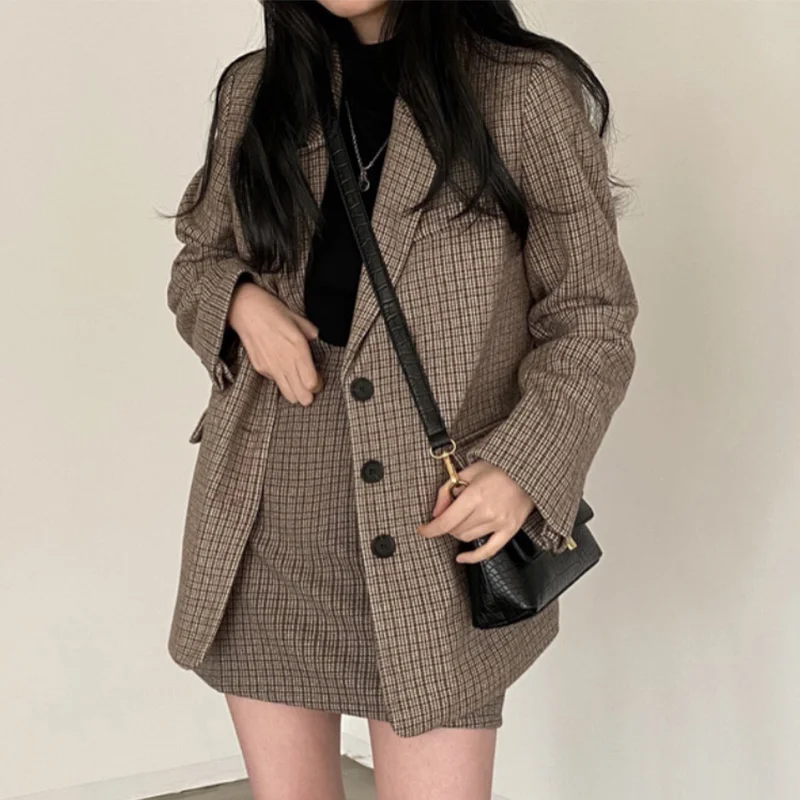 Overcoat Women Sets Korean Chic Plaid Suit Collar Three Button Long Sleeve Suit Coat + High Waist A-shaped Bag Hip Skirt Female