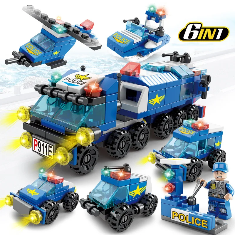 

6-in-1 Building Blocks New City Fire Fighting Truck Car Weapons Car Model DIY Model Kit Assembling Model Vehicle Children's Toys