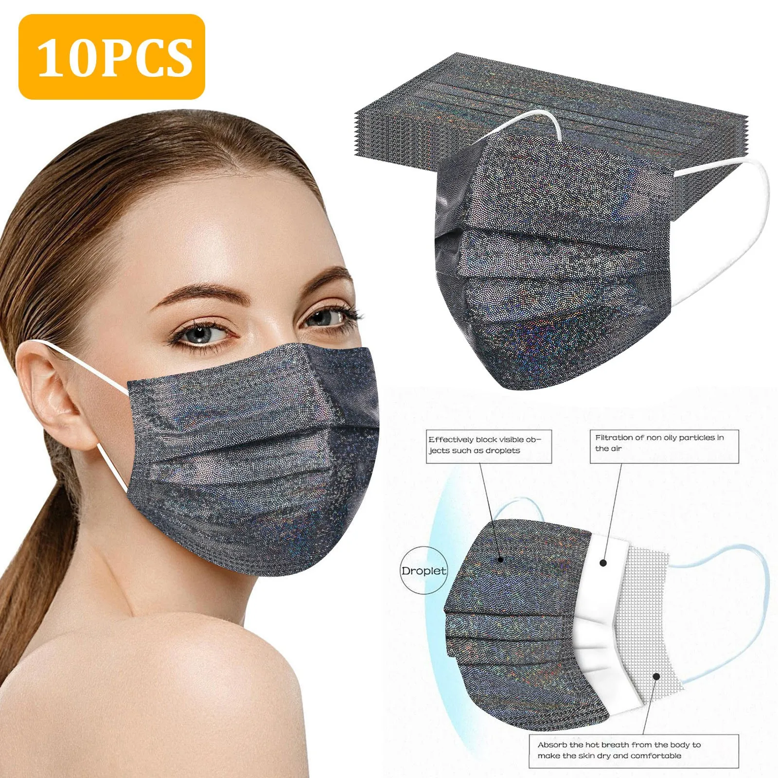 10pcs Adult Face Masks Disposable Bronzing Reflective Flash Four-layer Desechable Printing Mask Mouth Cover Halloween Cosplay - купить по