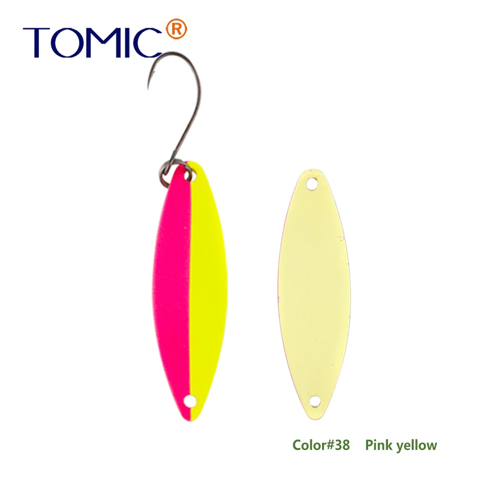 Tomic 1 шт. 1,6 г 2,7 г 3,5 г микро узкие латунные металлические ложки УФ сверкающие цвета окунь форель области один крючок рыболовные приманки Pesca - Цвет: pink yellow