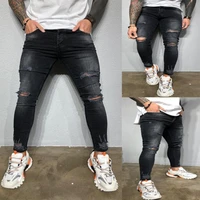 mens black ripped skinny jeans with small feet pencil pants stretch slim motobiker hip hop street denim pants jean clothing men
