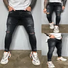 Мужские черные рваные джинсы скинни с небольшой ножкой, брюки-карандаш, Стрейчевые зауженные мотоциклетные и байкерские уличные джинсовые брюки в стиле хип-хоп, джинсовая одежда для мужчин