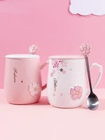 pink japanese creative cherry blossom ceramic water cup cover spoon heat resistant cup home office embossed mug vasos drinkware