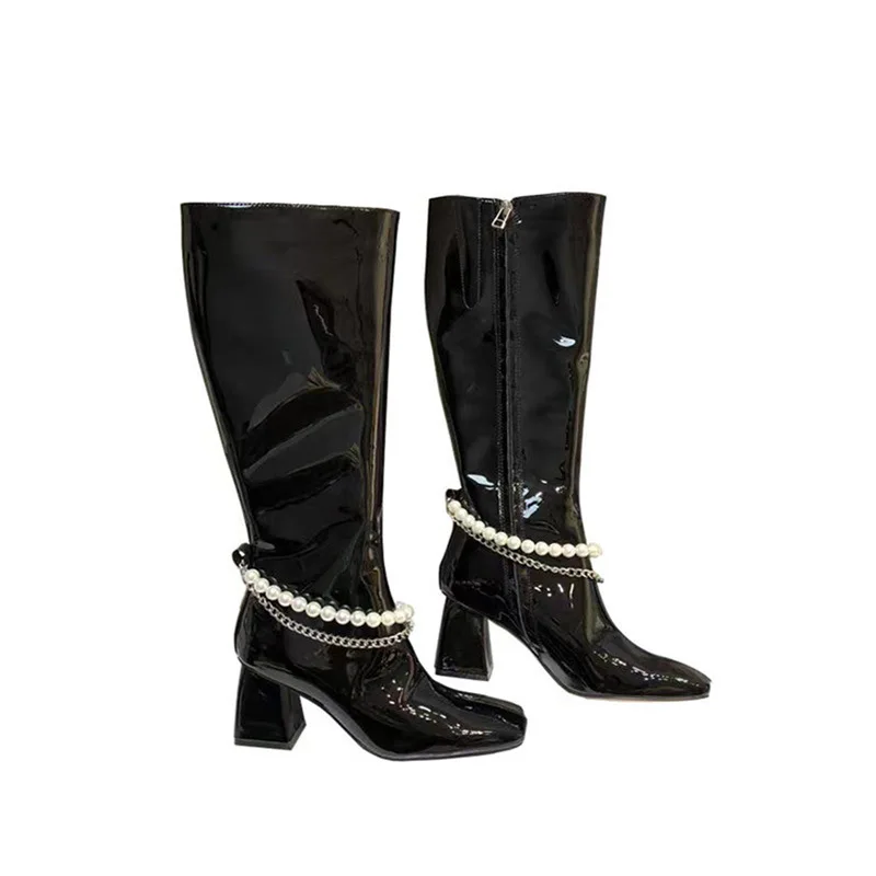 

New autumn and winter pearl chain high-heeled boots, patent leather square head zipper, women's boots ankle boots