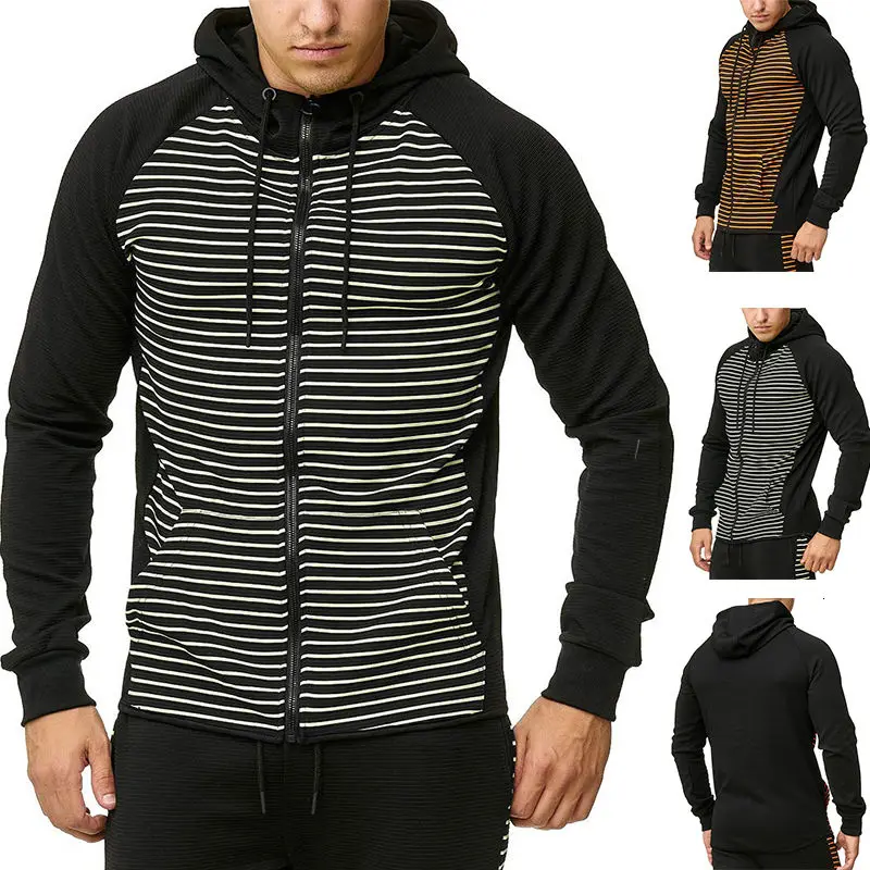 

Fashion Hoodie Men Oversized Striped Coat European Autumn Winter New Color Matching Hooded Zipper Cardigan Coat Hot Sale