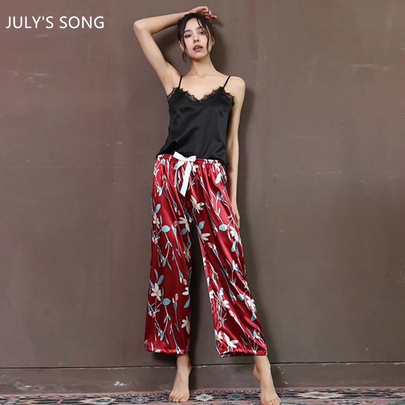 

Пижамный комплект JULY'S SONG из искусственного шелка, пикантные брюки на бретельках, женские черные кружевные Широкие штаны, летняя Пижама с ра...