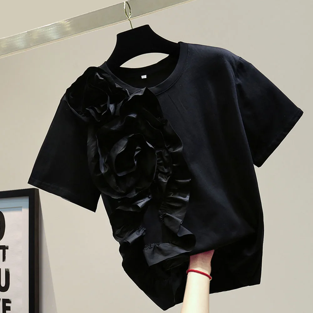 Женская футболка с трехмерными цветами летняя свободная черная в японском стиле