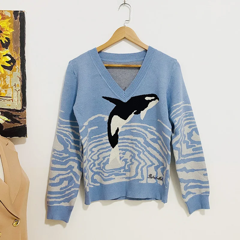 

MosiMolly Jacquard Sweater Women dolphin Women V neck Loose Sweater Pullover Jumper 2021 AW Cool Sweater Loungewear
