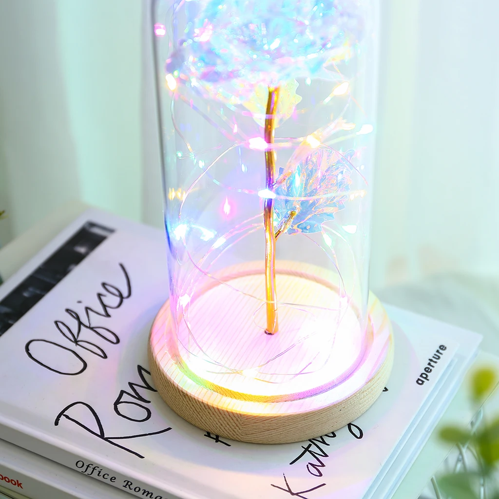 

Red Rose In Glass Dome Wooden Base For Decorate Valentine's Day Gifts Christmas LED Rose Lamps Flower