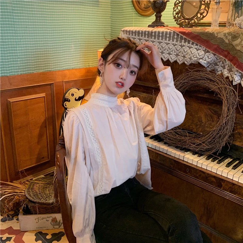 

Women's White Blouses Tops Fall French New Palace Style Half High Collar Puff Sleeve Lace Stitching Female Shirts Sweet Pullover