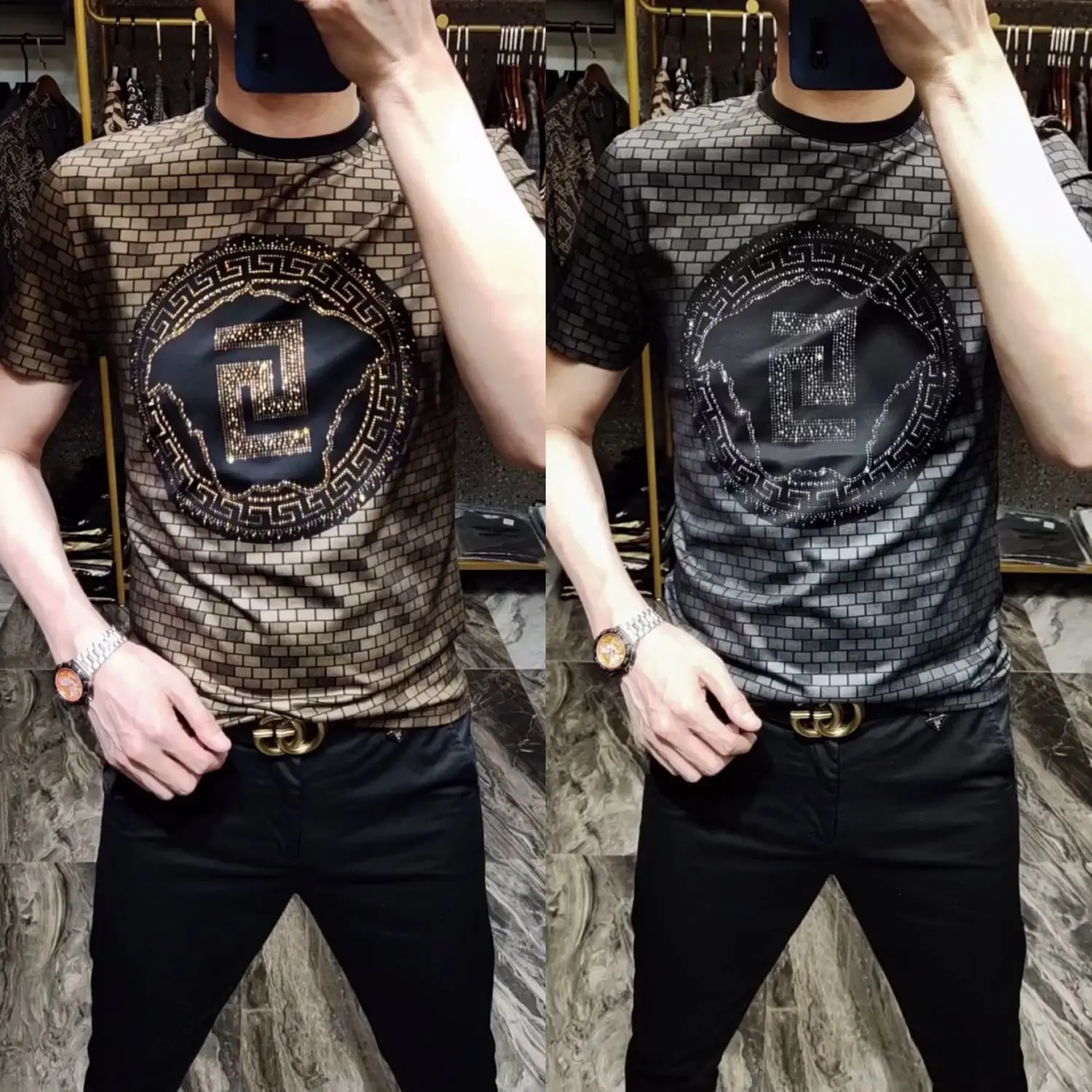 

Summer men's trend ice silk short sleeve T-shirt casual versatile cool hot diamond top