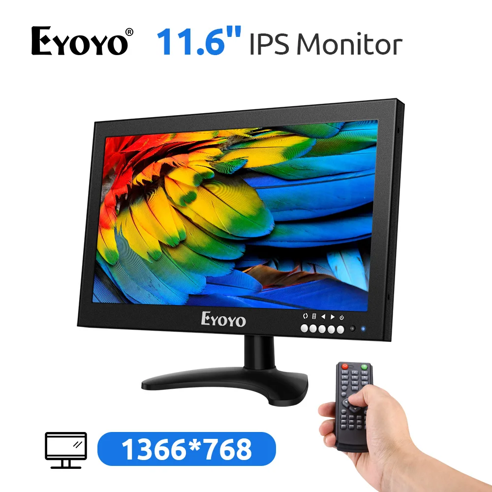 

Eyoyo 12" HDMI IPS CCTV Monitor, 1366x768 16:9 170° wide viewing Metal Housing LED Screen Support VGA/AV/BNC Built in Mircophone