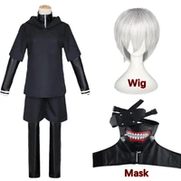 lacauch anime tokyo ghoul kaneki ken 3d pu leather costume mask cosplay leather full costume black hoodie costume mask wig