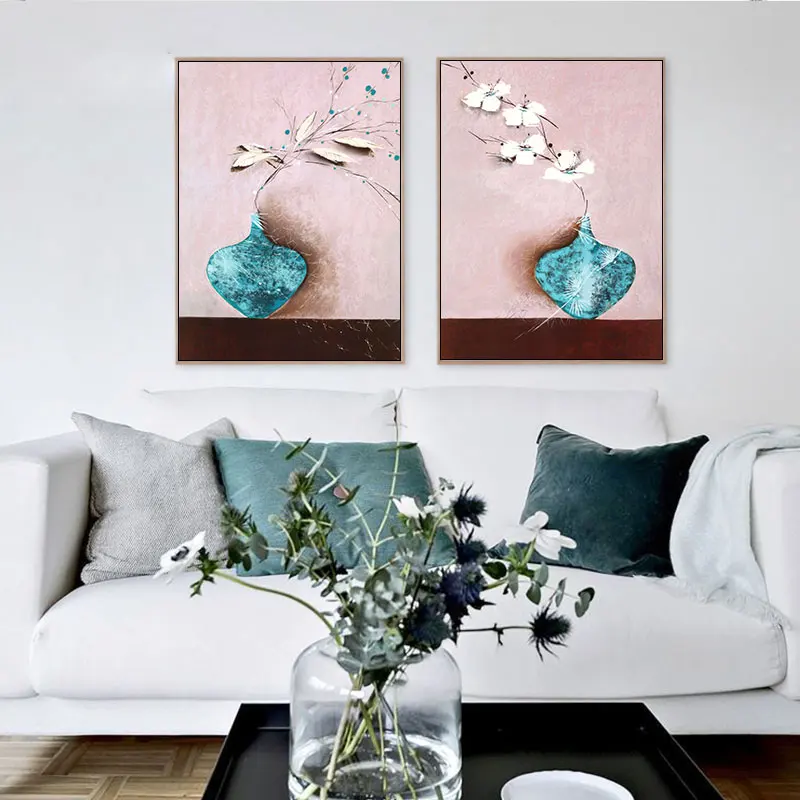 Большая 40/50 см винтажная Бирюзовая ваза с цветочным принтом Картина на холсте для