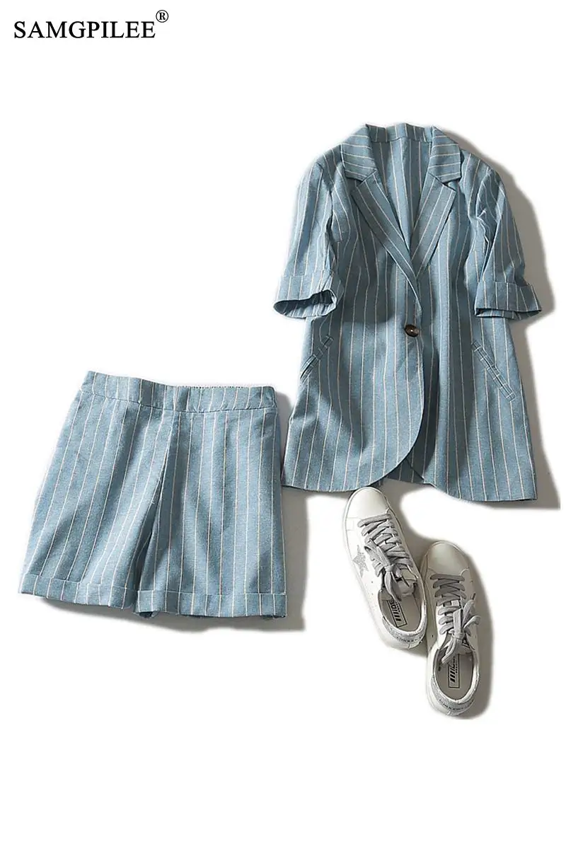 

Women Summer Suit Short Sleeve Office Lady Single Button Turn-down Collar Plus Size Two Piece Sets Striped Clothes For Women 3XL