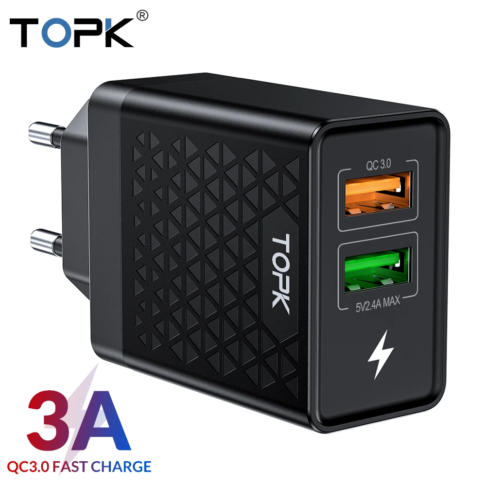 TOPK B254Q Быстрая зарядка 3,0 адаптер зарядного устройства с двойным USB ЕС Путешествия стены QC3.0 быстрое зарядное устройство для телефона для iPhone samsung Xiaomi