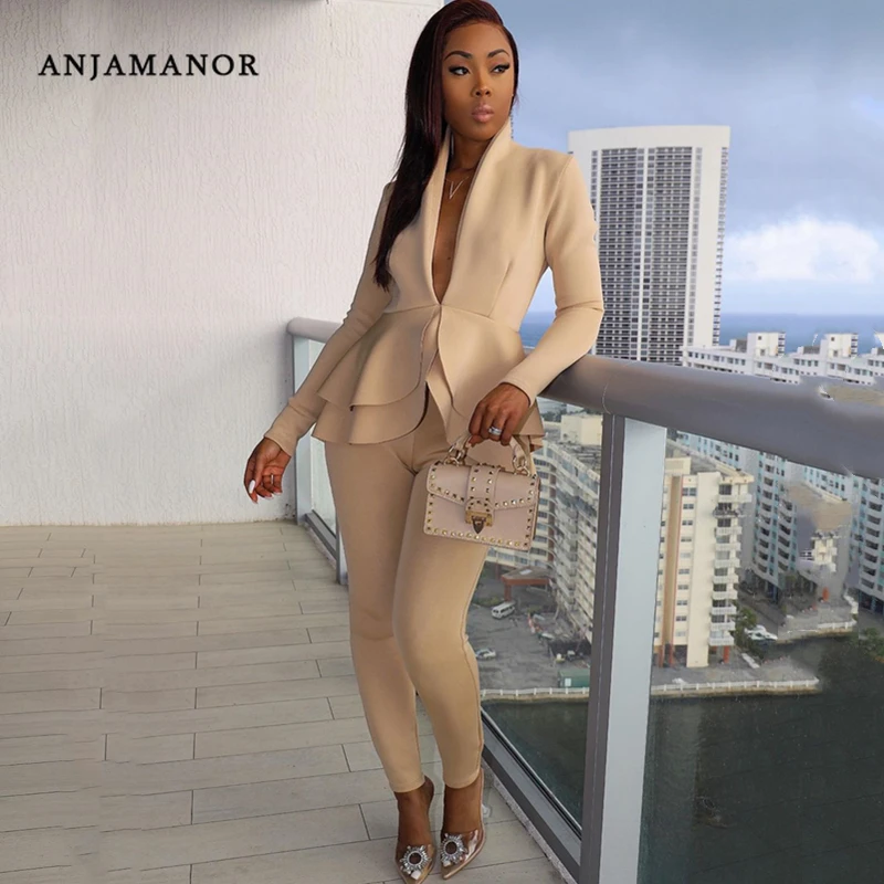 

ANJAMANOR White Outfits for Women Autumn Winter Two Piece Sets Fashion Ruffles Blazer Top and Pants Sexy Business Suits D29-DI71