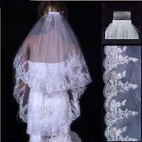 cheap wholsale two layears white ivory wedding veils bridal veil short tulle with comb lace veils wedding accessories bride veu