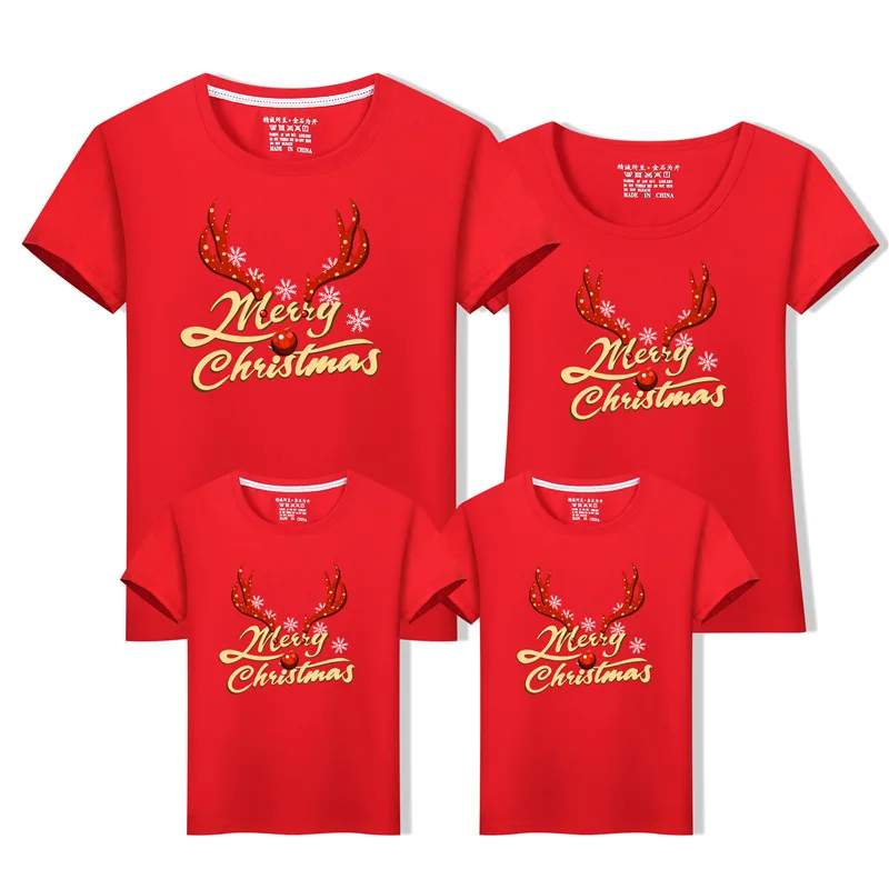 

Adult Kids T-shirt Christmas Deer Print Christmas Family Matching T-shirt Mommy Daddy Baby Short Sleeve Red Tops