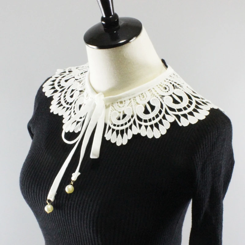 

null Women Hollow Out Embroidery Floral Lace Fake Collar Shawl Wrap Water Drop Tassel Trim Elegant Half Shirt Necklace