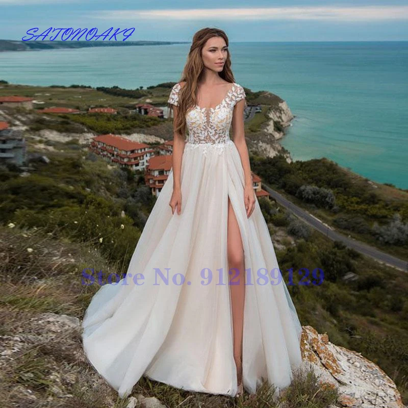 

Vestido De Novia Elegant Lace Beach Wedding Dress 2022 V-neck Backless Cap Sleeve Vintage Princess Bride Gown with Side Split