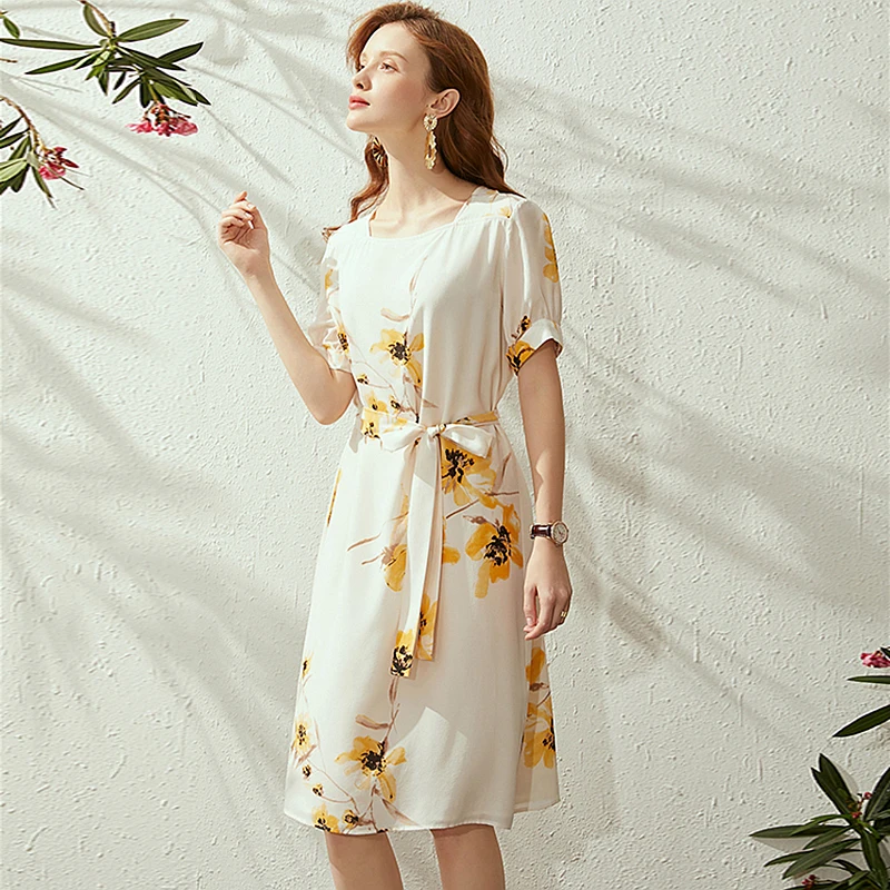 100% Silk Dress Strap Two-piece Printed Cross O Neck Short Sleeves belt Body Special Design Dresses Elegant New Fashion Style | Женская