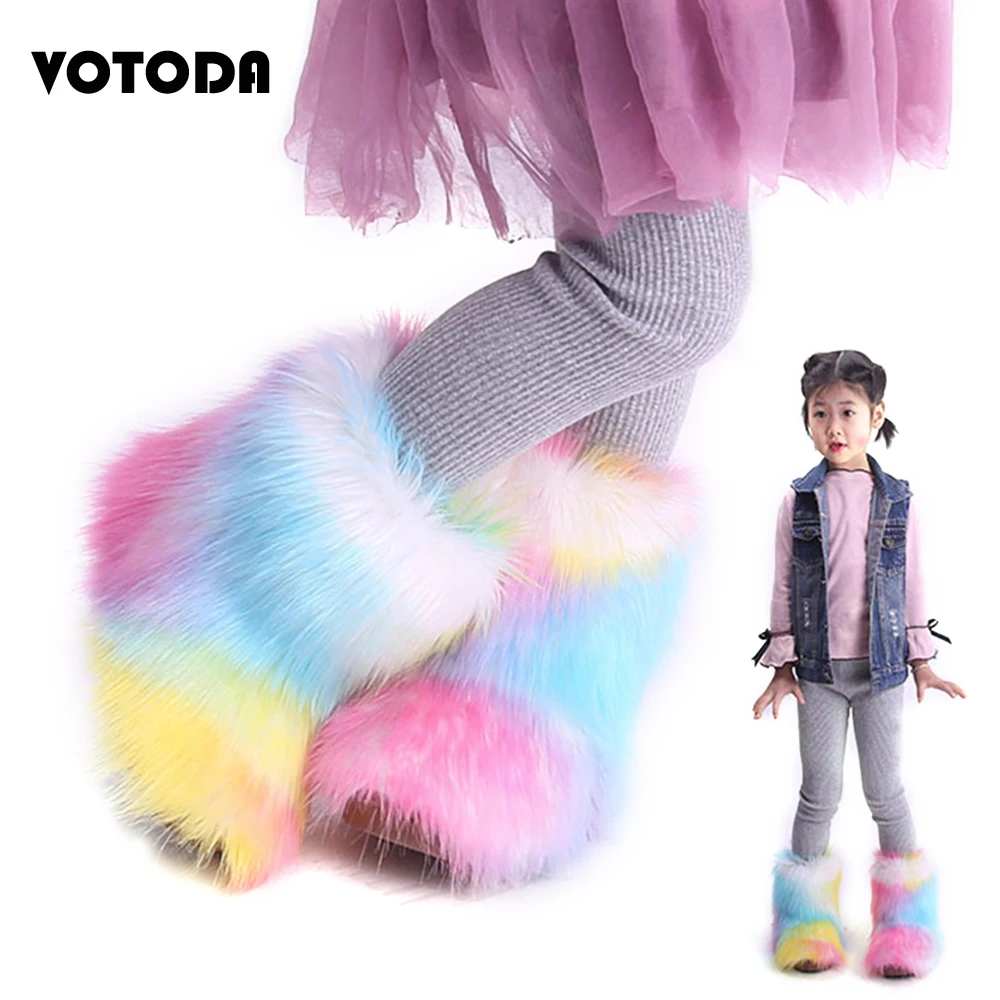 

Зимние теплые детские меховые ботинки, Симпатичные Детские ботильоны радужной расцветки на плоской подошве, пушистые плюшевые ботинки из и...